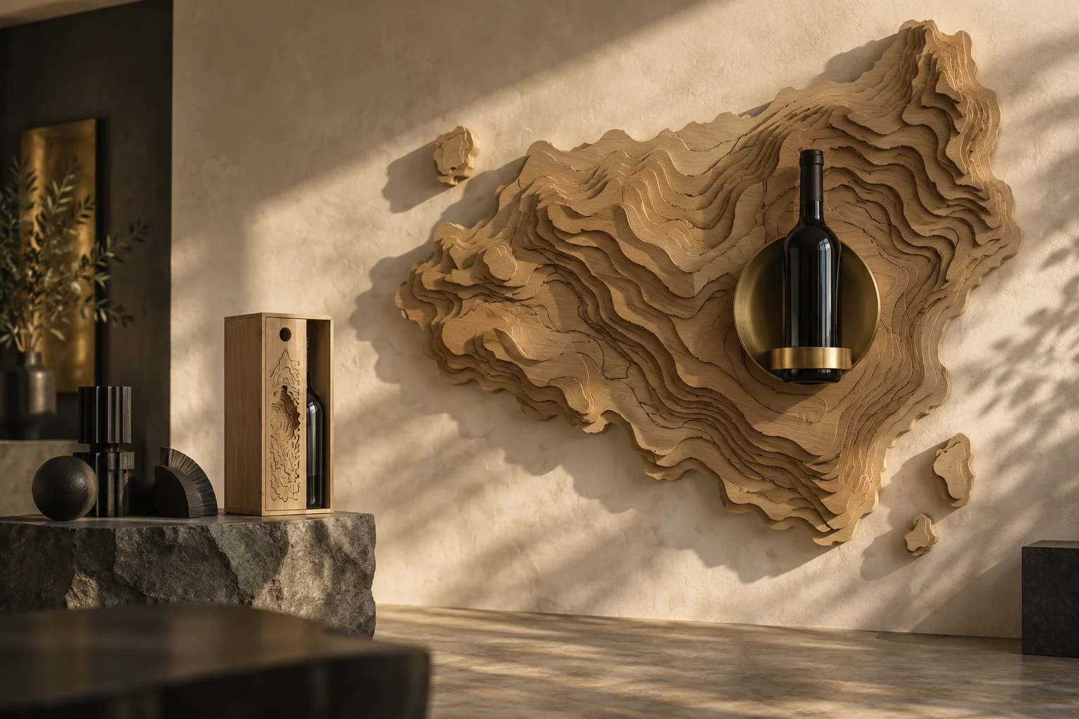 Concepto de composición con atlas topográfico, vino y objetos modulares